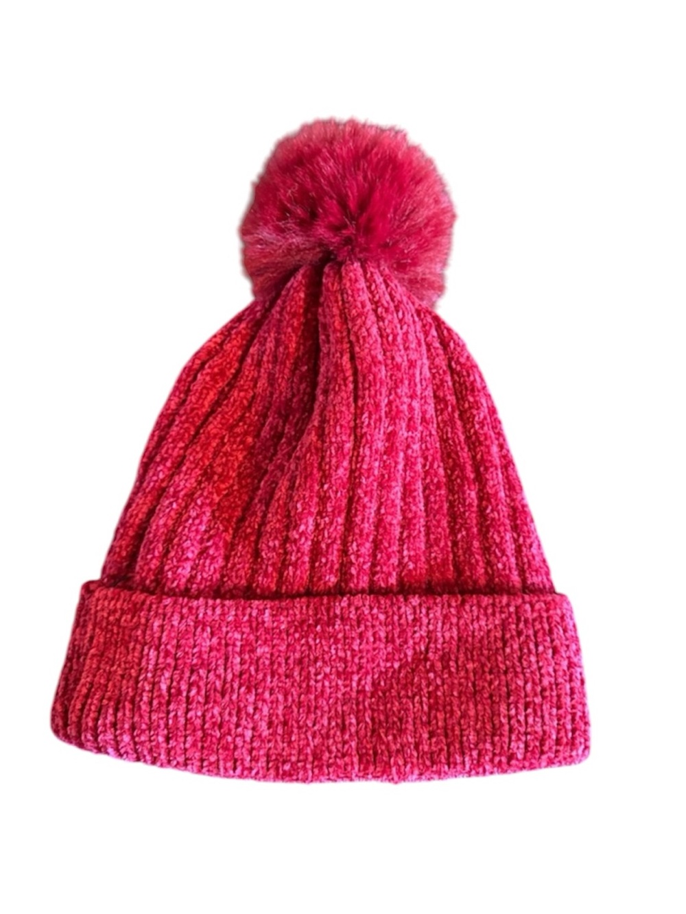 Cranberry Red Chenille Ribbed Knit Beanie Faux Fur Pom Pom Winter Hat OS